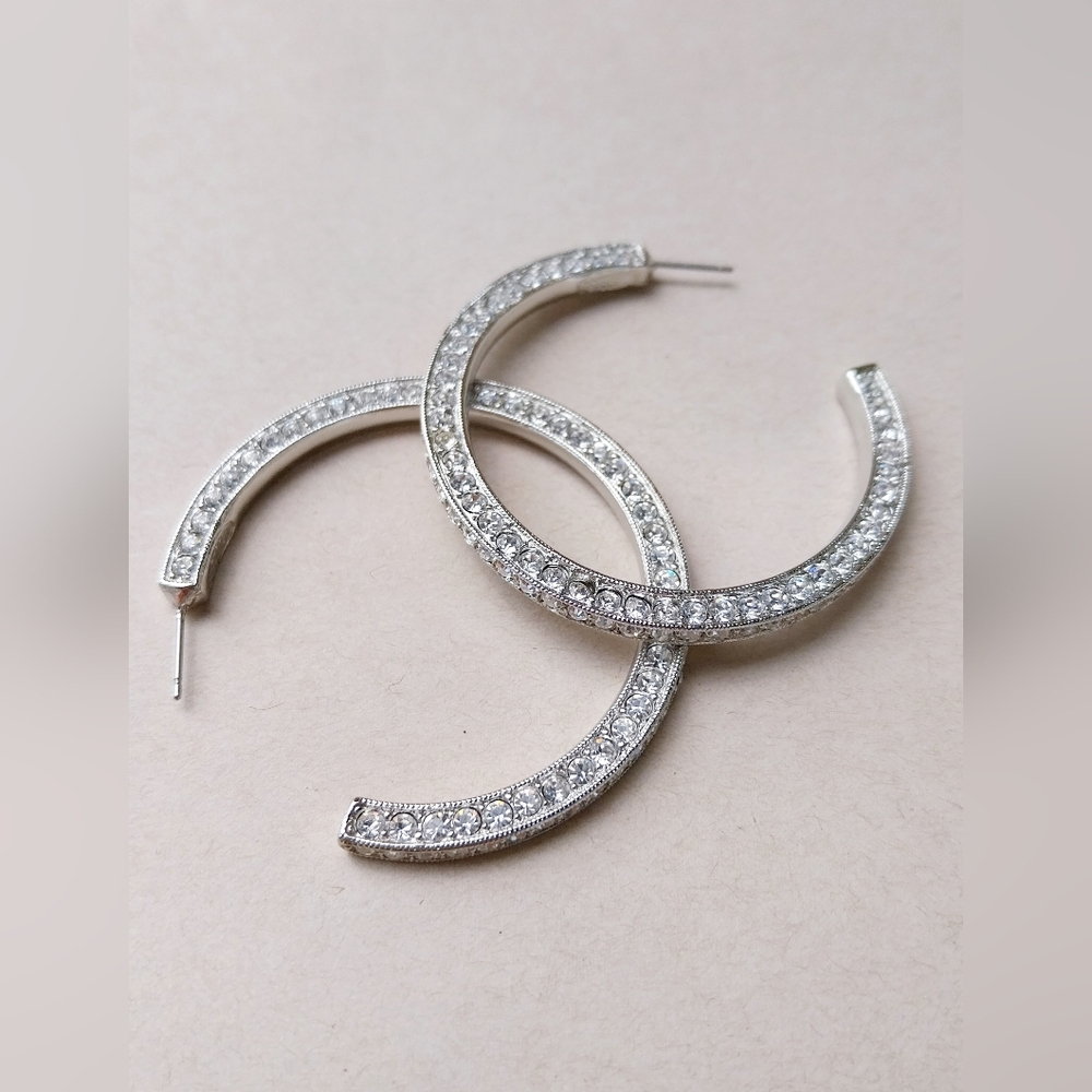 Vintage Kenneth Lane Sparkling Silver Crystal Hoop Earrings - Picture 2 of 16